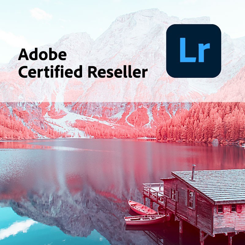 Productafbeelding met het logo van Lightroom met Classic en Cerfitied Adobe Reseller.