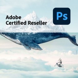 Productafbeelding met het logo van Photoshop en Cerfitied Adobe Reseller.