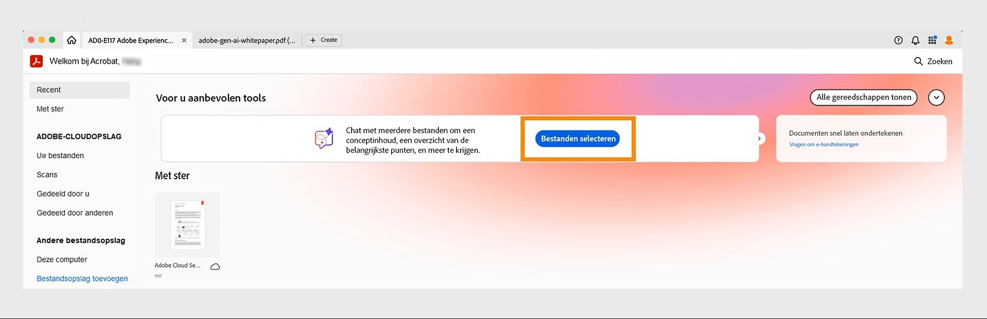 Acrobat werkruimte waarin het selectievakje voor het kiezen van meerdere documenten is aangevinkt.