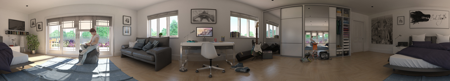 Interactieve 360° renderweergave van een interieurontwerp, gemaakt met SU Podium.