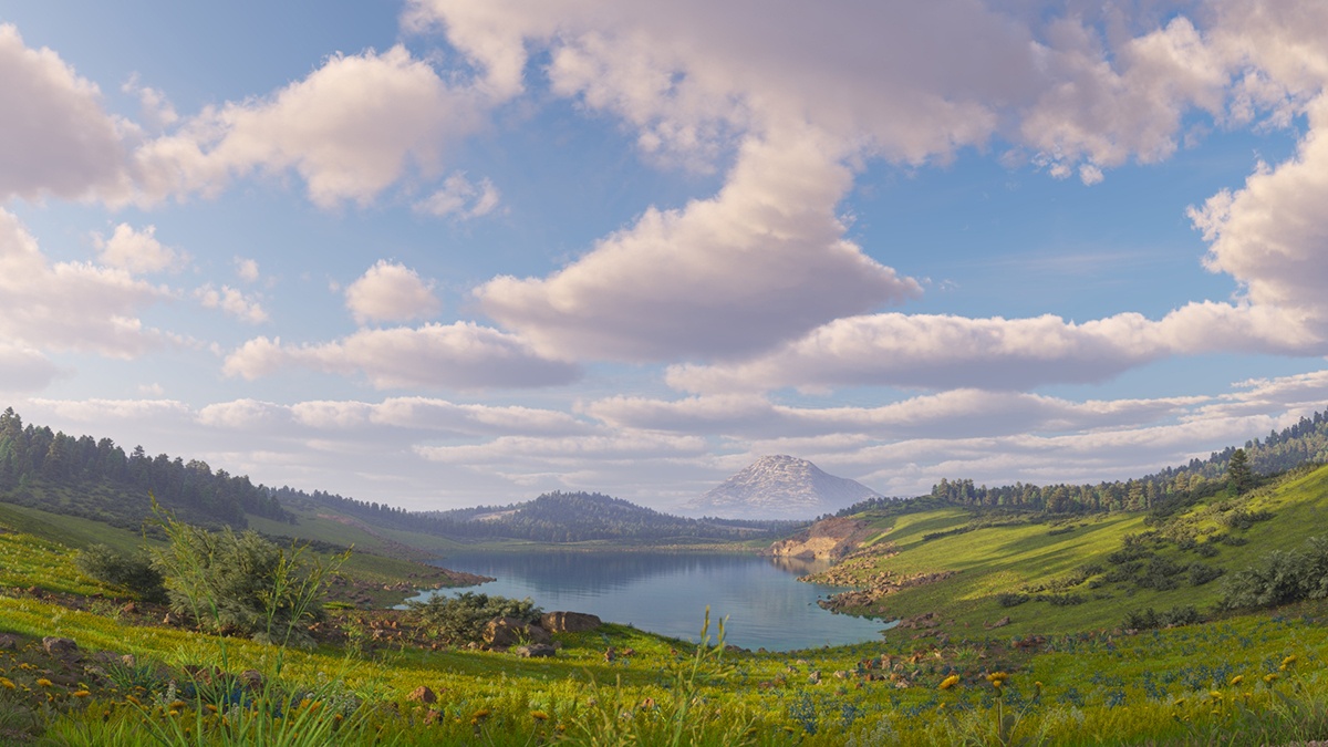 Landschap met bergen en wolken, dat de realistische licht- en schaduweffecten van het daglichtsysteem in Chaos V-Ray toont.